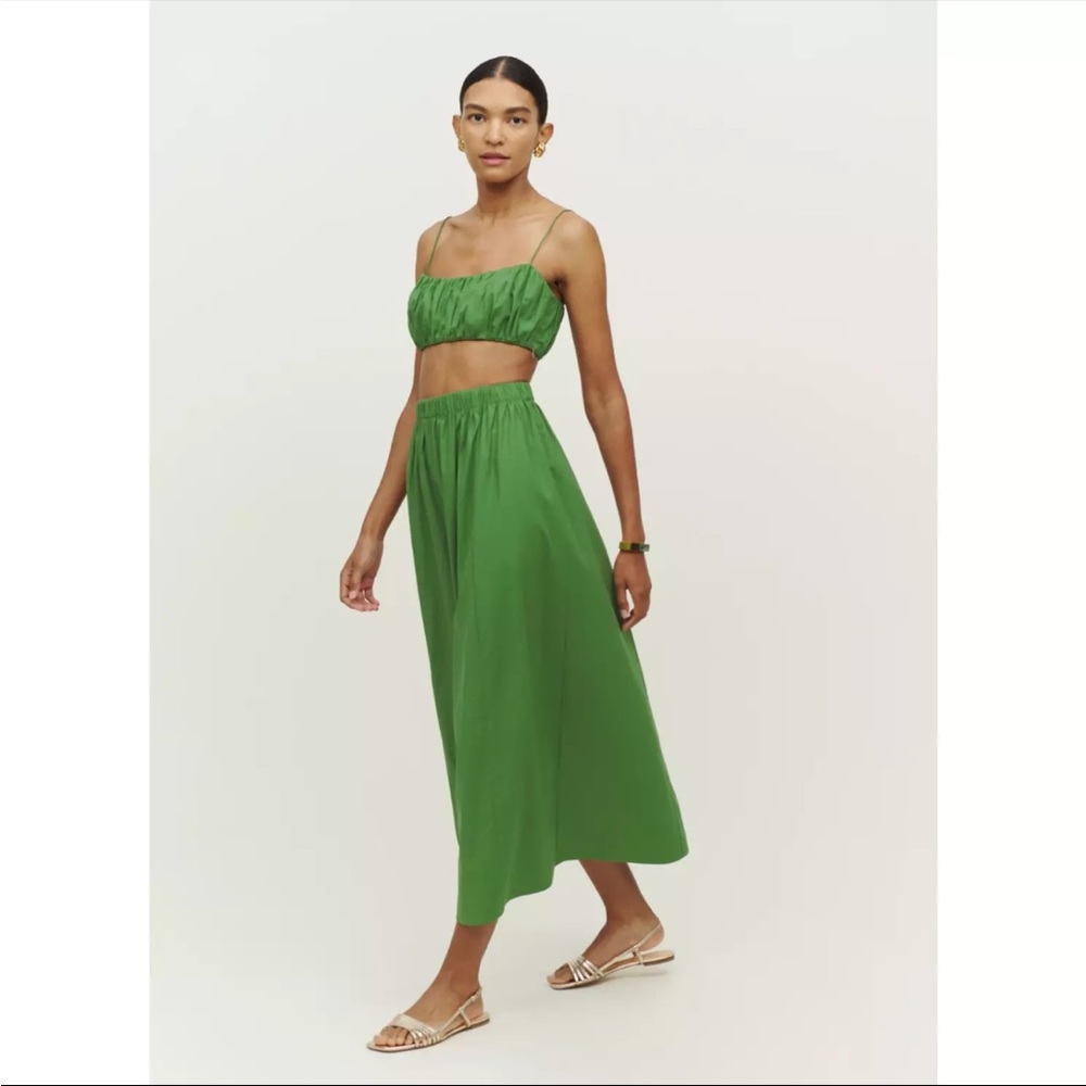 Reformation Green Brio Scrunch 2 PC Crop Top Skirt Set Size Large